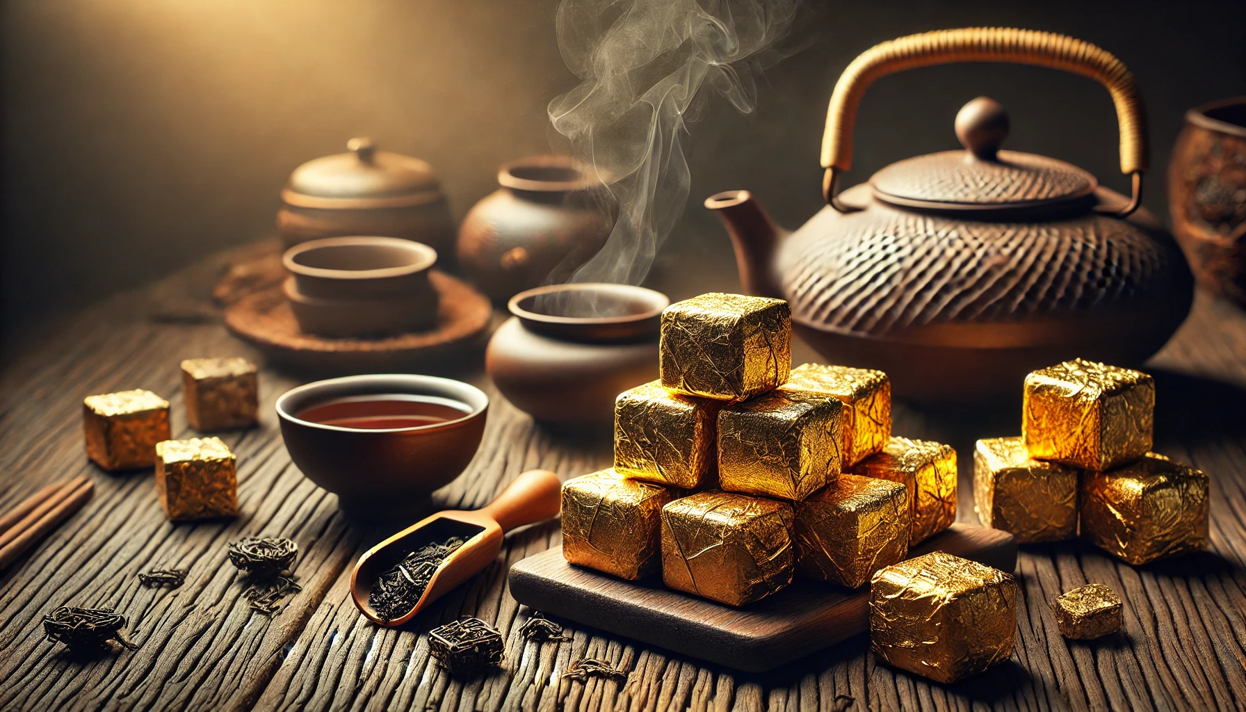 DALL·E 2024-12-04 23.49.22 - A visually elegant and atmospheric 16_9 banner for an article about brewing Puer extract, with golden foil-wrapped square cubes of Puer extract in the